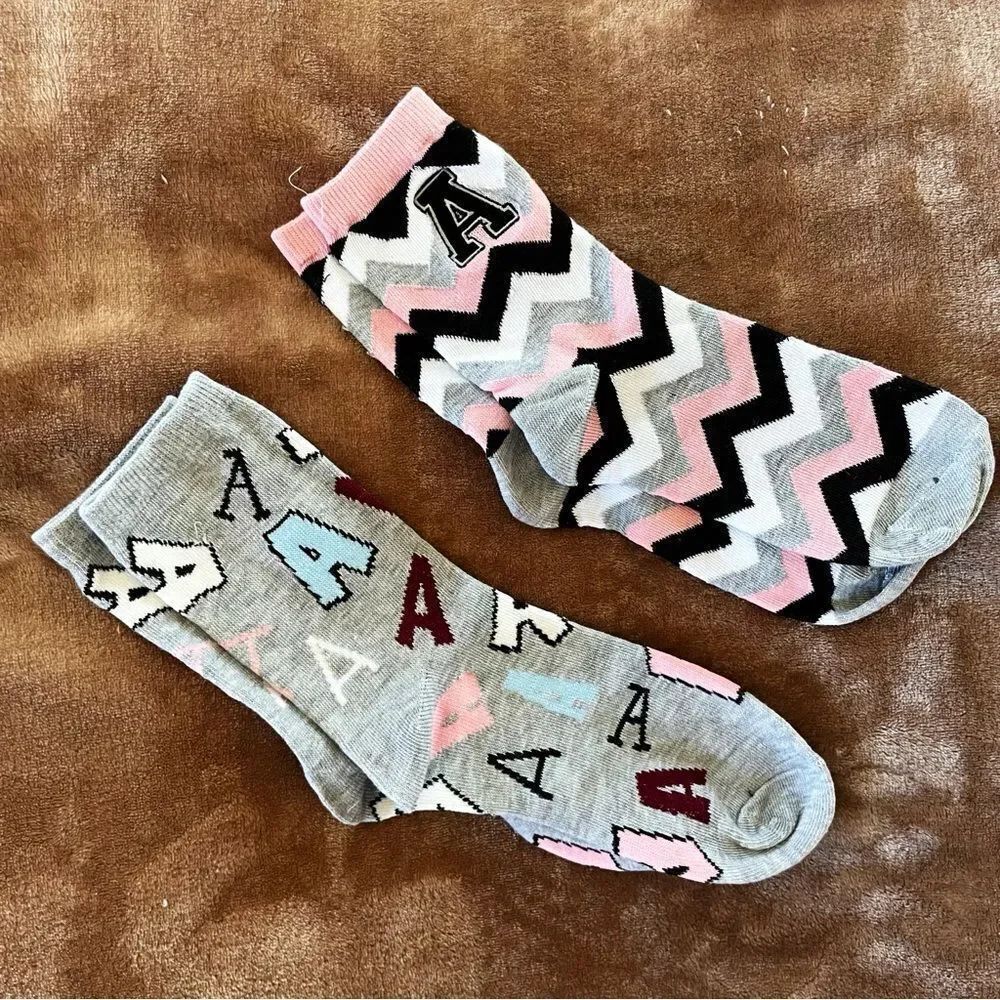 Patterned Girl’s Socks - Pink, Black, Gray with Zig Zag and Letter Size 13 1/2-4